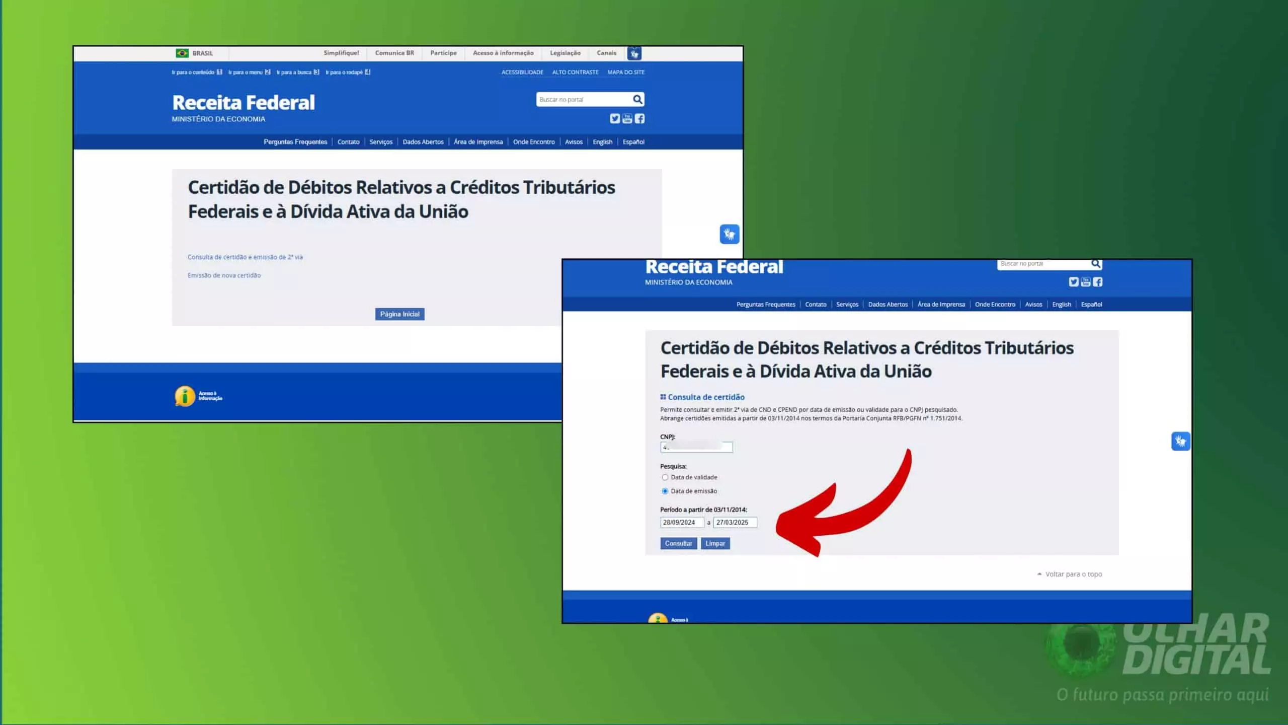 Tela de solicitação de segunda via da CND