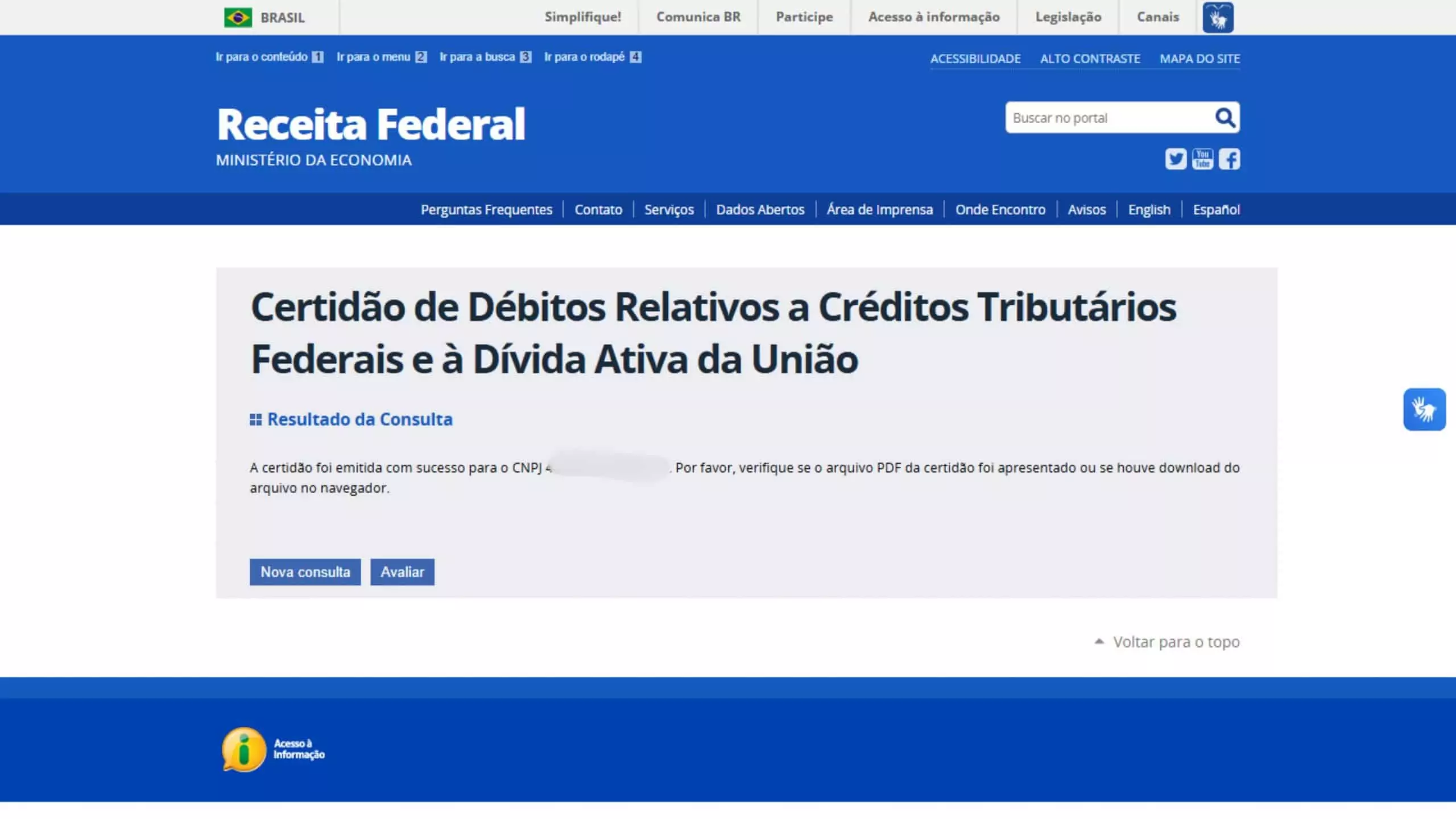 Processo de download da Certidão Negativa de Débito Federal