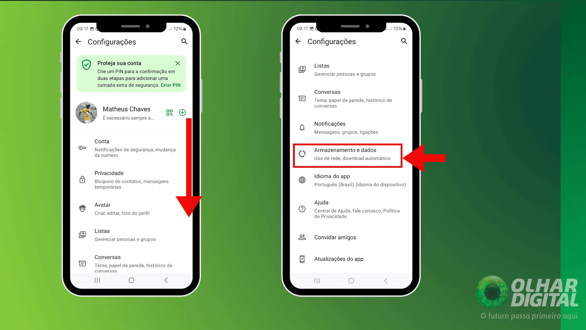 Acessando as opções de armazenamento do WhatsApp