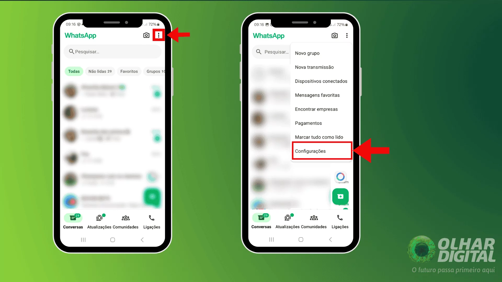 Acessando configurações do WhatsApp para usar servidor proxy