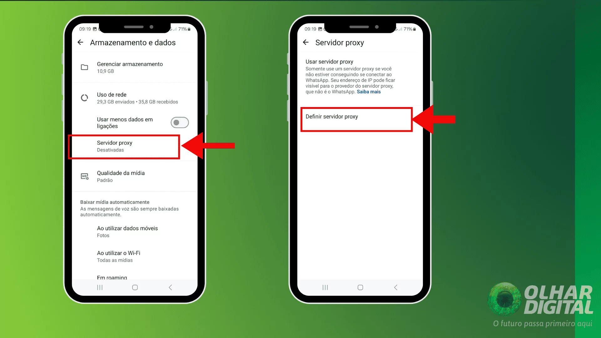 Selecionando servidor proxy no WhatsApp