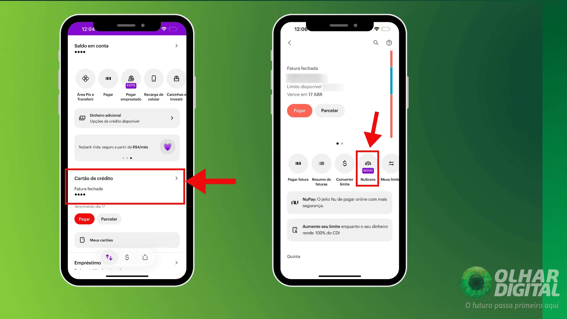 Primeiro passo para acessar o NuScore no aplicativo