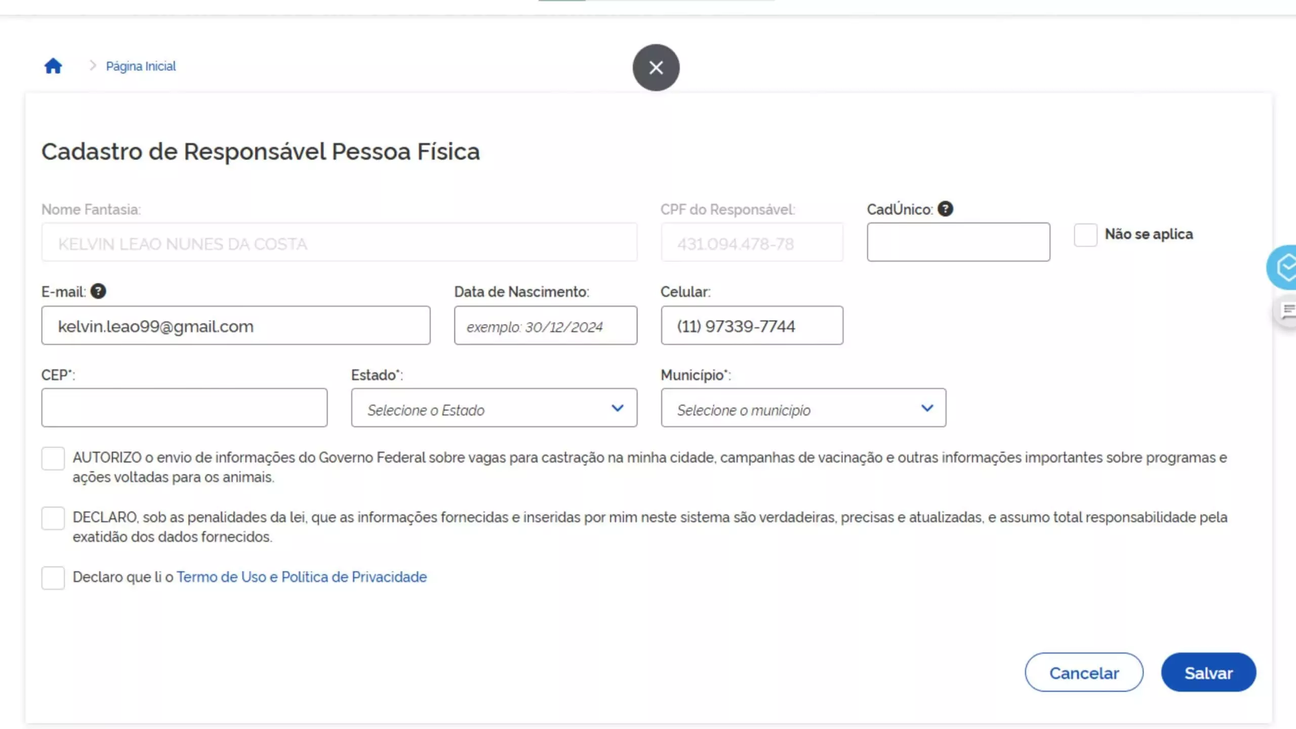 Preenchimento do cadastro de pessoa física