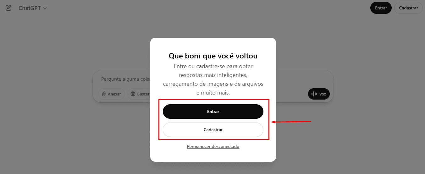 Interface do ChatGPT para login