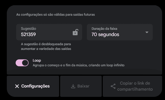 Configurações da ferramenta MusicFX com opções de duração e outros ajustes