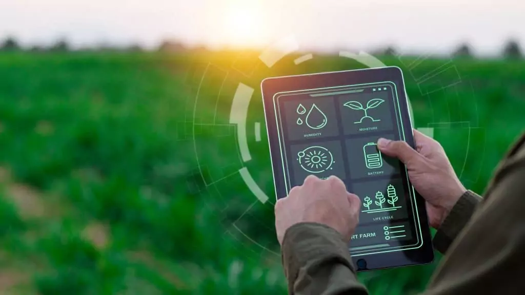 Imagem mostrando uma pessoa utilizando um tablet em ambiente rural