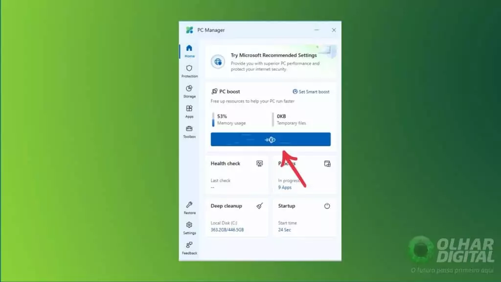 Interface do Microsoft PC Manager otimiza desempenho do Windows