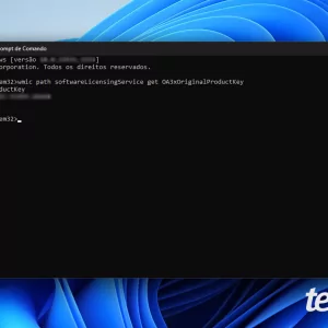 Captura de tela do Windows 11 mostra a tela do Prompt de Comando exibindo as informações da chave de ativação do sistema operacional