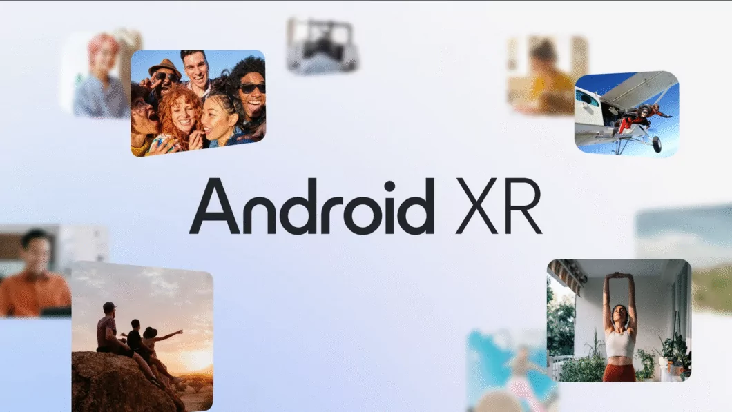 Tela com o logo do Android XR no centro e fotos de pessoas utilizando dispositivos XR em diferentes cenários ao fundo.
